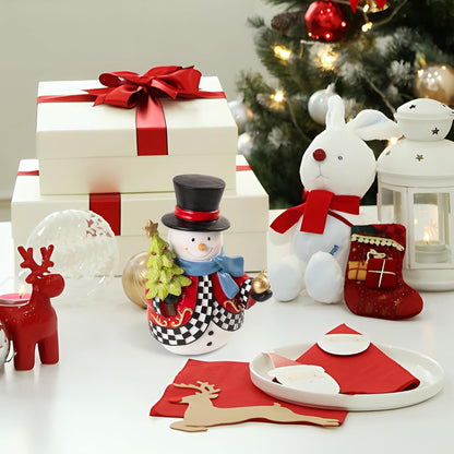 Snowman Figurines - 7.1x4.9 Inch Resin Black and White Checkered Christmas Decor | Indoor Holiday Tabletop Accent