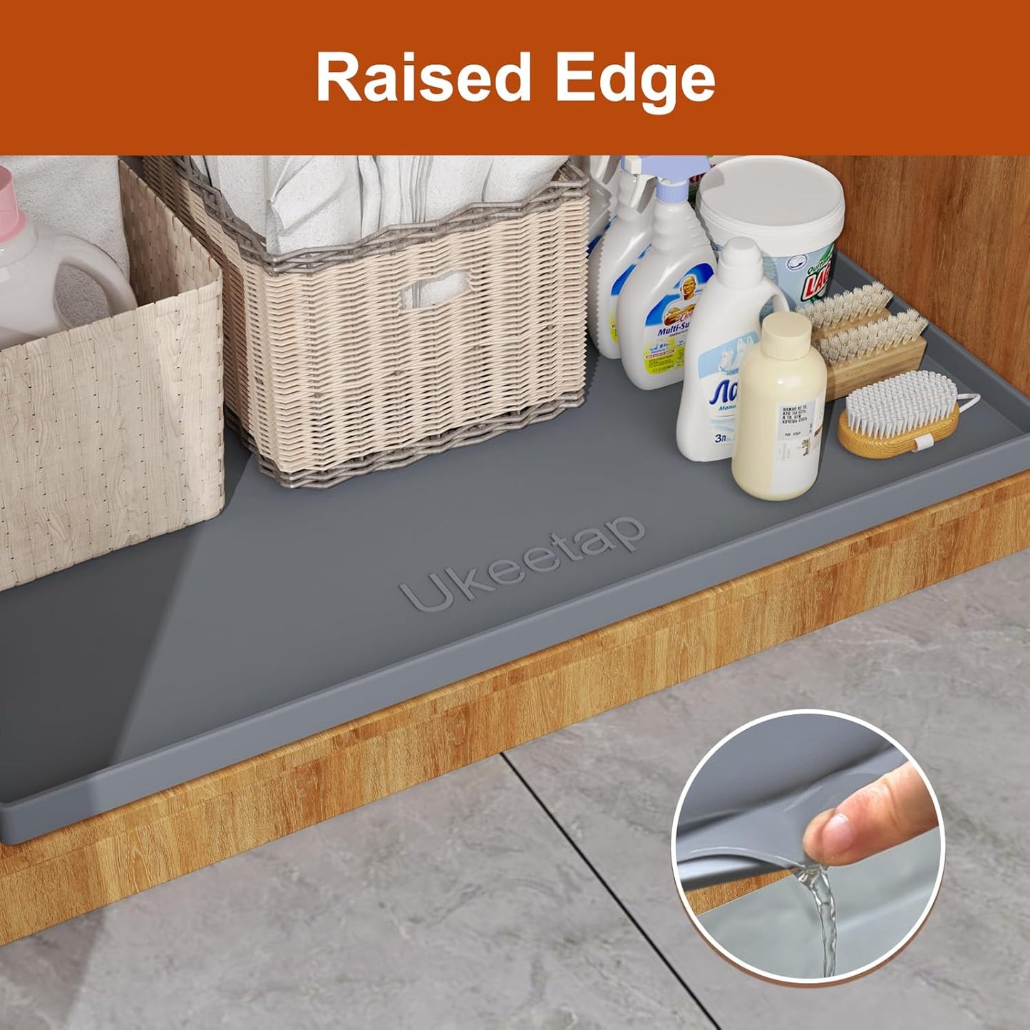 Ukeetap Extra Thick Silicone Mat - Waterproof Under Sink Mat | 34" x 22" for Kitchen & Bathroom Protection - Gray