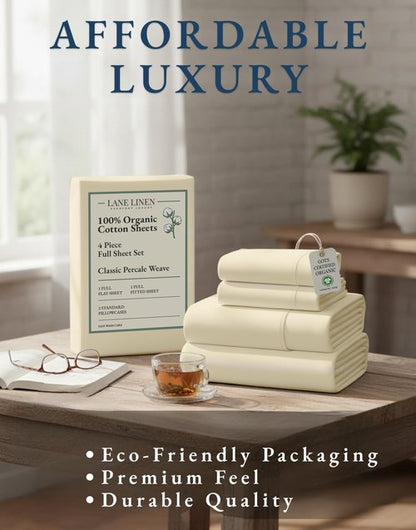 LANE LINEN 100% Organic Cotton Full Sheets Set, 4-Piece Pure Organic Cotton Percale Sheets, Long Staple Cotton Sheet, Ultra Soft Bedding Sheet, Breathable,Fits Mattress Upto 15" Deep - Natural