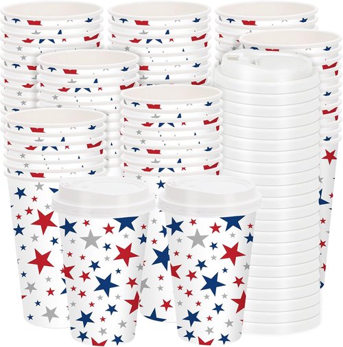 FYSUIMU 50Pcs 16Oz Patriotic Disposable Coffee Cups with Lids - Red & Blue Star Design for 4th of July Celebrations