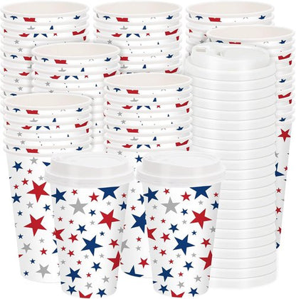 FYSUIMU 50Pcs 16Oz Patriotic Disposable Coffee Cups with Lids - Red & Blue Star Design for 4th of July Celebrations