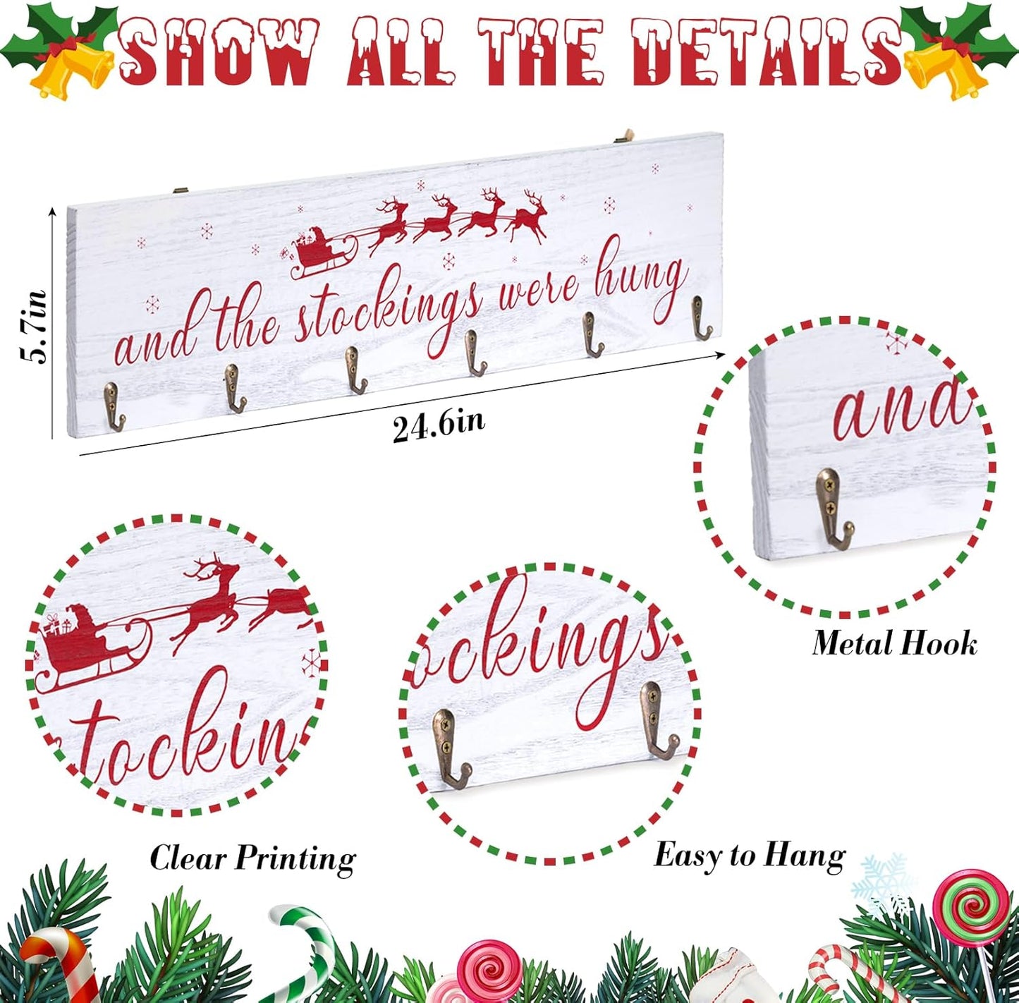 Regine Switzerland Christmas Stocking Holder - 24 Inch White Wood Sign with 6 Hangers for Mantel