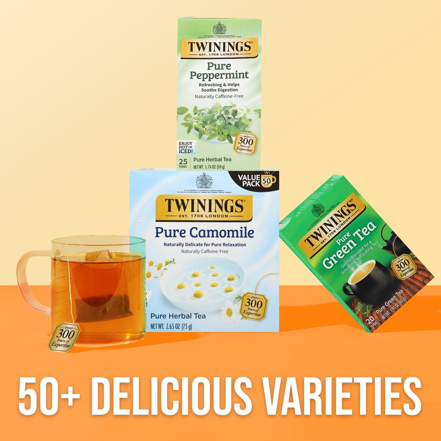 Twinings Pure Peppermint Herbal Tea Individually Wrapped Bags, 25 Count (Pack of 6), Fresh Minty Flavour, Naturally Caffeine-Free, Enjoy Hot or Iced, 150 Teabags