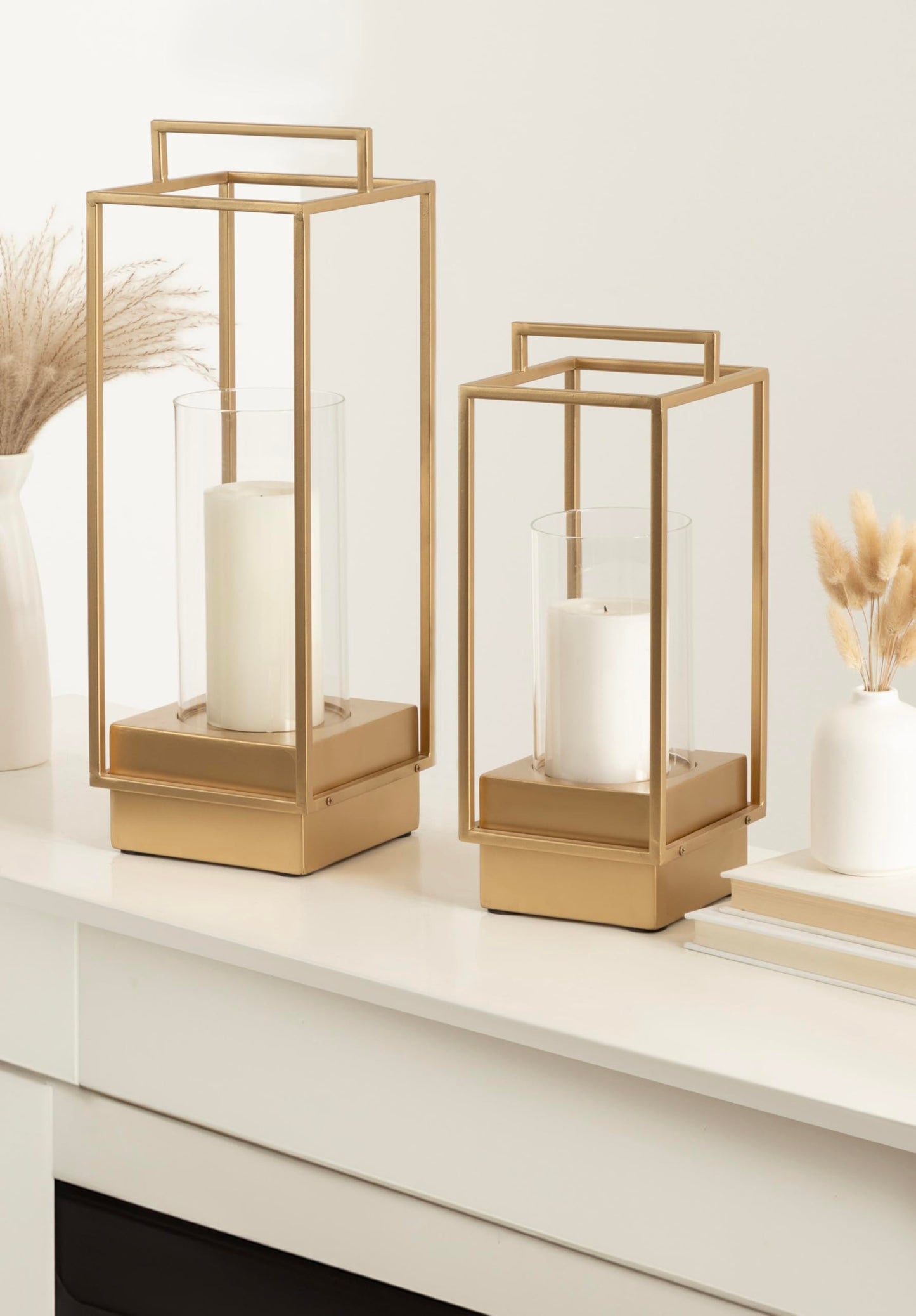 Kate and Laurel Brandt Modern Glam Two-Piece Candle Holder Set, 7 x 7 x 19, Gold, Transitional Wood and Metal Lantern Hurricane Candle Holders for Fireplace Mantel Display