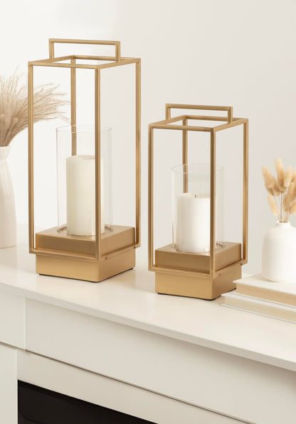 Kate and Laurel Brandt Modern Glam Two-Piece Candle Holder Set, 7 x 7 x 19, Gold, Transitional Wood and Metal Lantern Hurricane Candle Holders for Fireplace Mantel Display