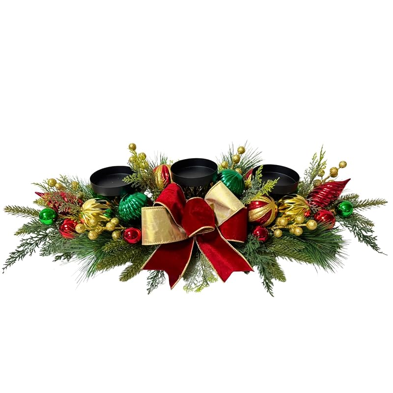 Christmas Candle Holder Centerpiece with 3 Candle Holders and Red Bow