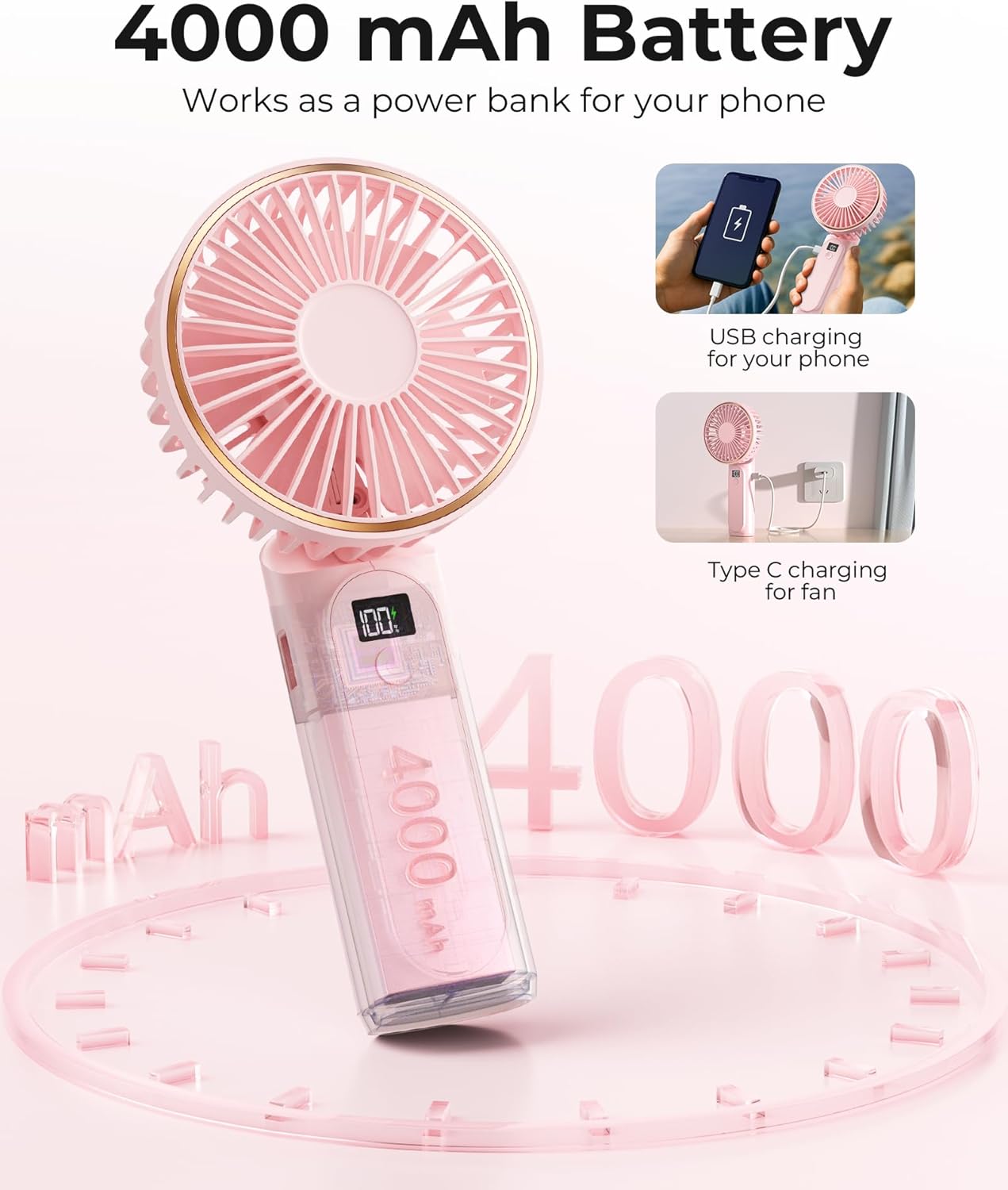 TUNISE Portable Handheld Fan - 4000mAh Battery, 6 Speed Adjustable Wind | USB Rechargeable & Foldable