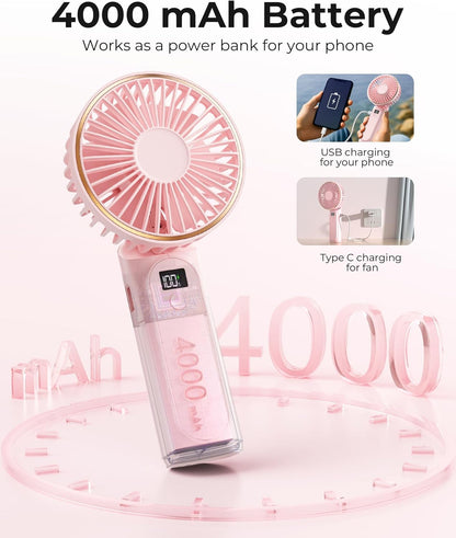 TUNISE Portable Handheld Fan - 4000mAh Battery, 6 Speed Adjustable Wind | USB Rechargeable & Foldable