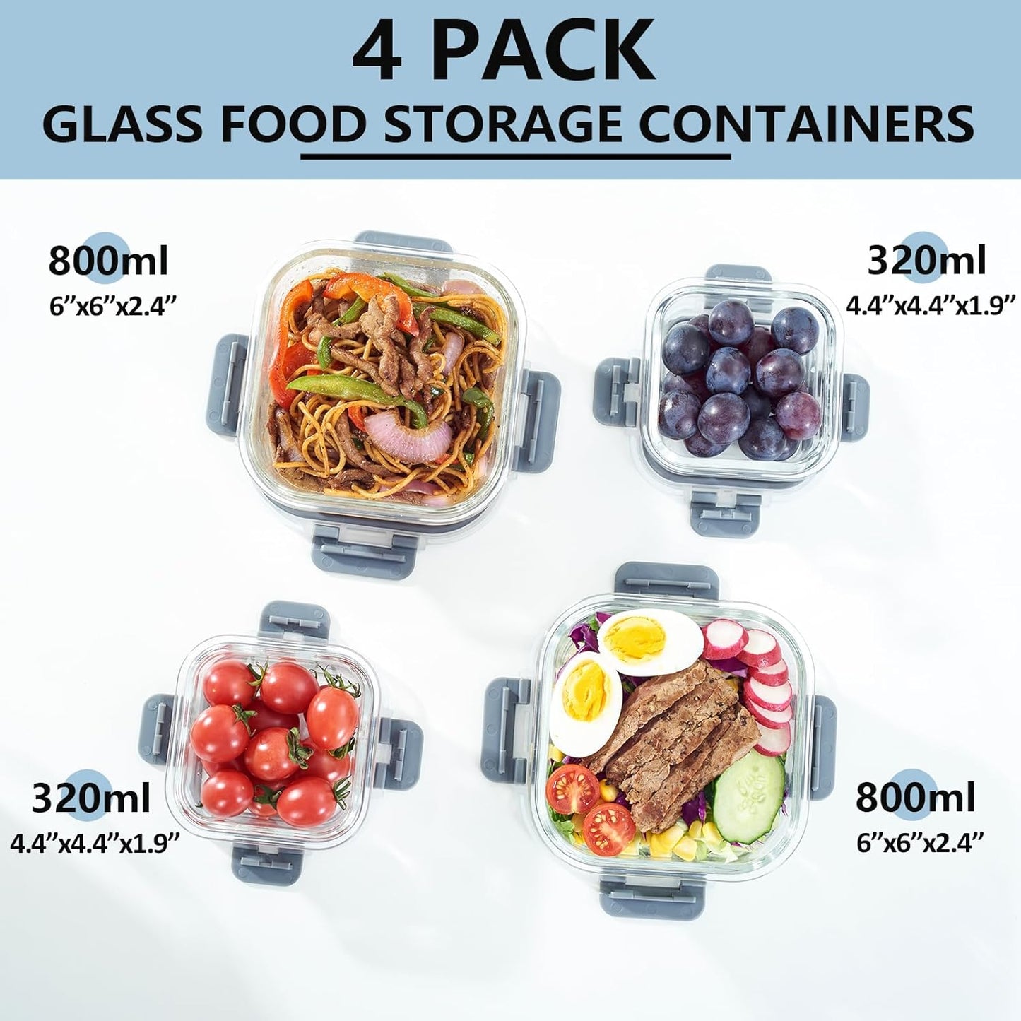 Regine Switzerland Glass Food Storage Containers - Airtight & Leak Proof, 4 Pack, BPA Free, Grey