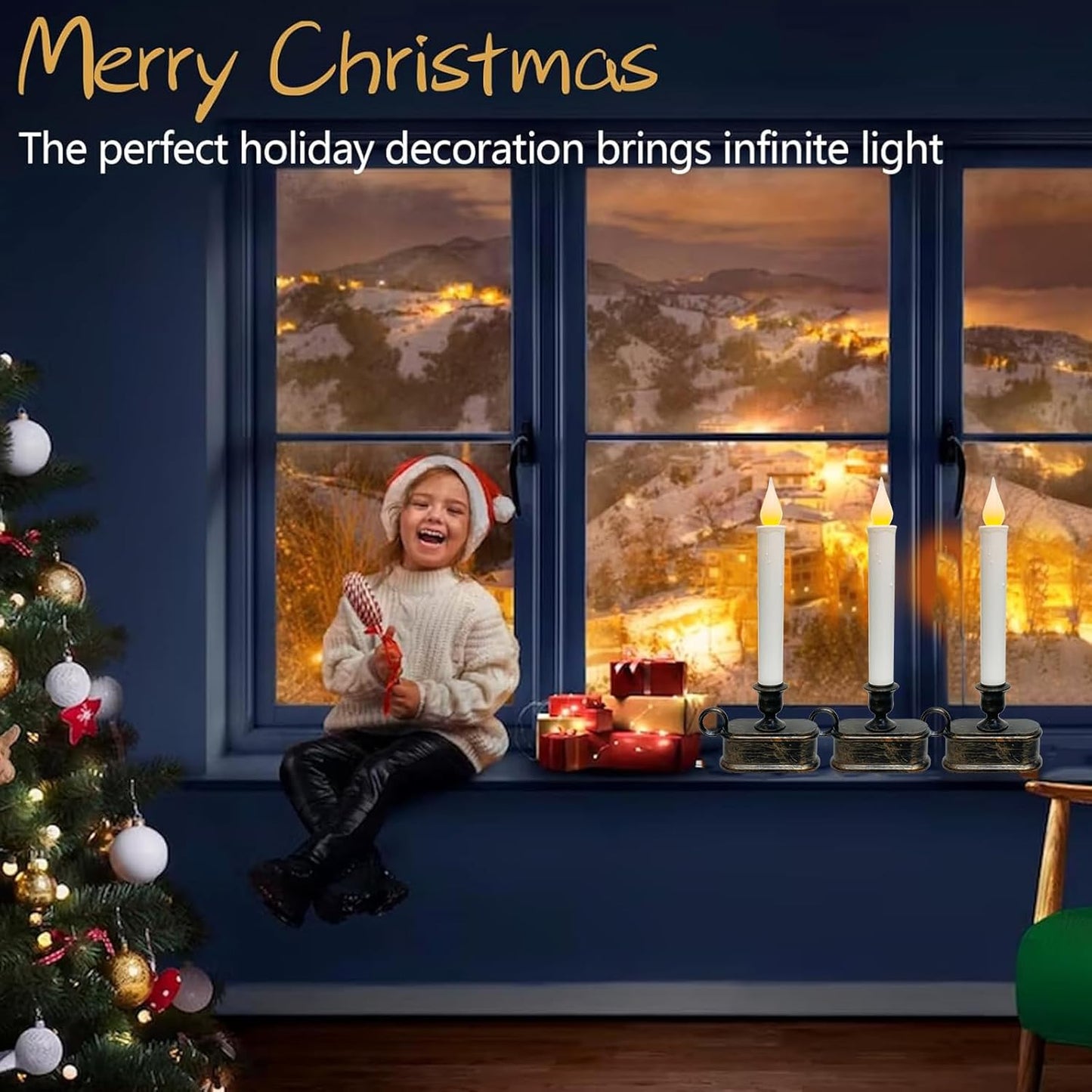 4 Pack LED Flameless Taper Candles by [Brand Name] - Dusk to Dawn Sensor, Battery Operated, Bronze Base for Christmas Home Decor