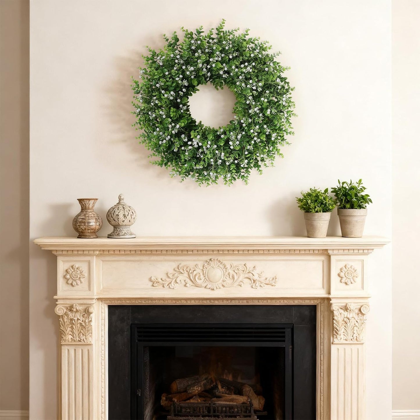 Skiennix 26" Artificial Eucalyptus Wreath - Faux Greenery with Baby's Breath for Front Door Decor