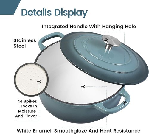 EDGING CASTING Enameled Cast Iron Dutch Oven - 5.5 Quart with Dual Handles in Slate Blue
