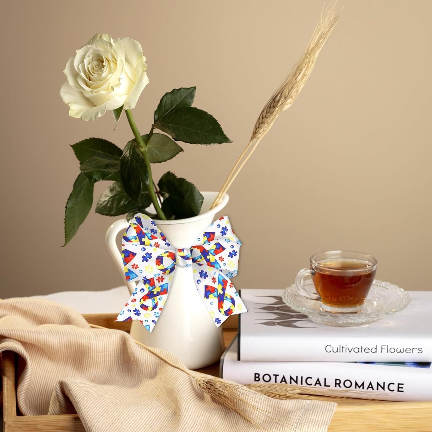 Skiennix Autism Awareness Wired Ribbon - 2 Rolls, 10 Yards, 2.5 Inch Puzzle Piece Design for Crafts & Decorations
