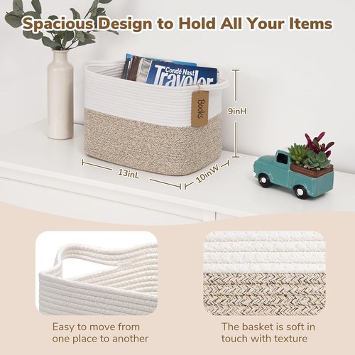 Goodpick Woven Storage Basket - Stylish Cotton Rope Organizer for Dog Toys & Books | 13 x 10 x 9 Inches, Brown & White