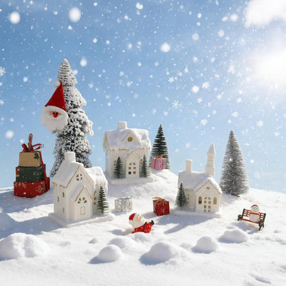 Skiennix White Ceramic Christmas Village Houses Set - 3 Light-Up Figurines with 4 Trees for Holiday Decor