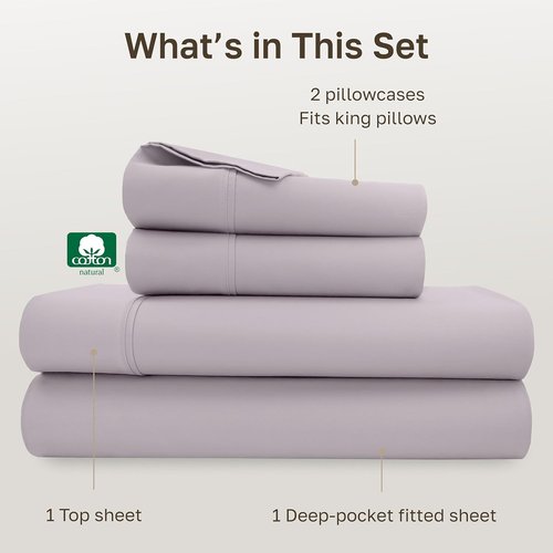 California Design Den King Size 100% Cotton Sheet Set - 400 Thread Count, Smooth Sateen Finish, Deep Pockets | Dusky Lavender Grey