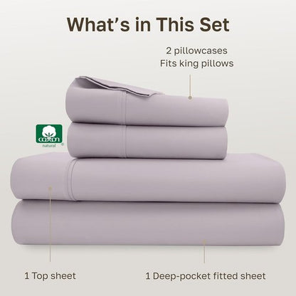 California Design Den King Size 100% Cotton Sheet Set - 400 Thread Count, Smooth Sateen Finish, Deep Pockets | Dusky Lavender Grey