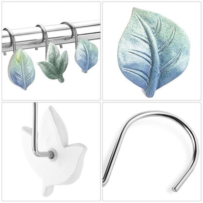 Gibelle 12PCS Leaves Shower Curtain Hooks, Blue Plant Leaf Decorative Shower Curtain Hooks Metal Rustproof Cute Eucalyptus Shower Curtain Rings Bathroom Decoration Accessories