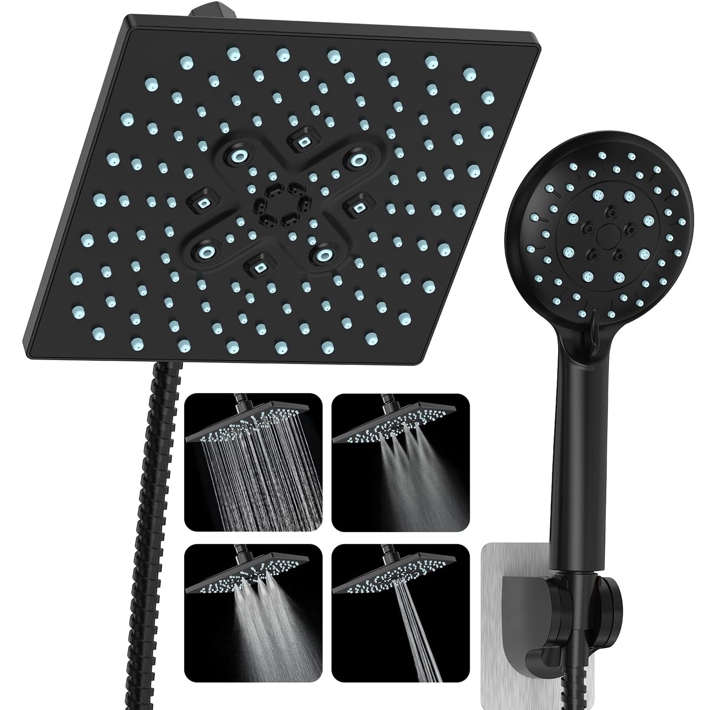 Veken High Pressure Rain Shower Head with Handheld, Multi-Functions Square Rainfall Shower Heads with 5-Mode Handheld Spray Combo, Detachable Hand Held Showerhead, Dual Matte Black Regaderas Para
