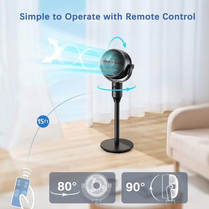 JYMIPA Oscillation Standing Fan for Bedroom, 79ft Airflow Whisper Quiet Pedestal Fan with 3 Modes, 8 Speeds, 90° Air Circulator with Remote, Timer, 24-42" Adjustable Height Desk Fan for Home Office