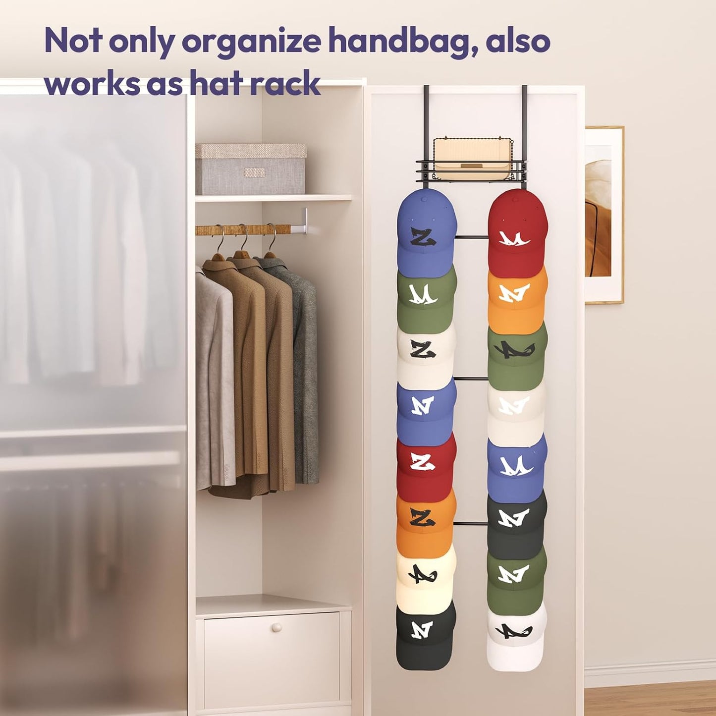 SWTYMIKI Over The Door Purse Organizer - Wall-Mounted Handbag Storage Rack with 16 Hooks & Metal Basket