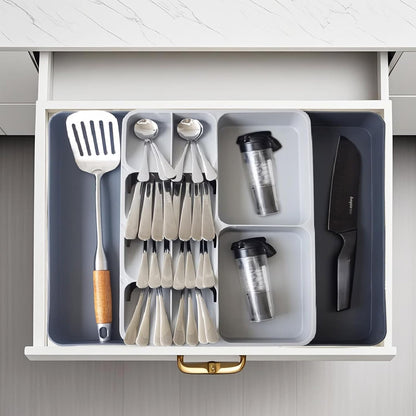 Skiennix Expandable Silverware Organizer - Adjustable Cutlery Drawer Tray for Home & Kitchen | Large Grey
