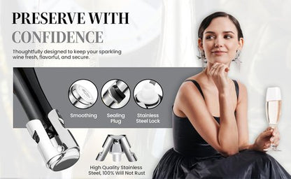 Champagne Stoppers -Stainless steel Wine Bottle stopper-Durable with Leak-Proof Seal for Sparkling Wine Bottles - Perfect for Celebrations and Special Occasions (Silver, 2 pack).