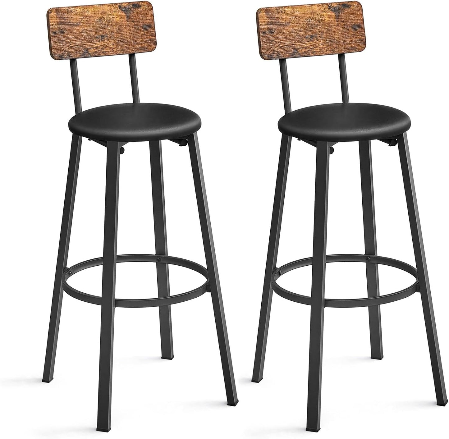 VASAGLE Bar Stools - Set of 2 PU Upholstered Breakfast Stools with Back & Footrest | Rustic Brown & Black, 29.7 Inches