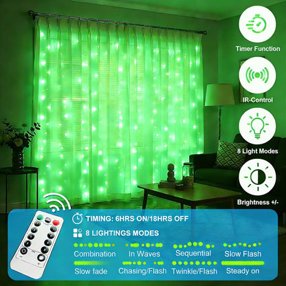 Skiennix 300 LED Fairy Curtain Lights - 9.8 x 9.8FT Green USB Plug with Remote & 8 Modes for Indoor/Outdoor Decor
