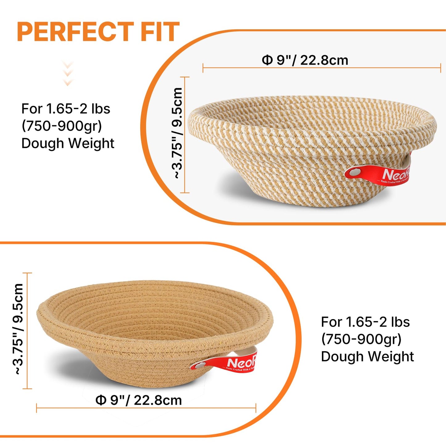 NeoRov Handmade Cotton Rope Banneton Bread Proofing Basket Set - 2X Round Bread Baskets - With Liner & Cloth Cover - For Proofing Sourdough Bread & Bread Storage (Khaki & Khaki Stripes)