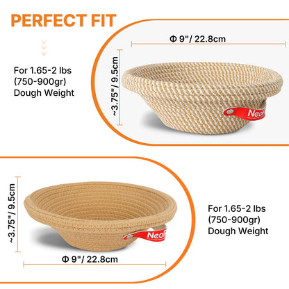 NeoRov Handmade Cotton Rope Banneton Bread Proofing Basket Set - 2X Round Bread Baskets - With Liner & Cloth Cover - For Proofing Sourdough Bread & Bread Storage (Khaki & Khaki Stripes)