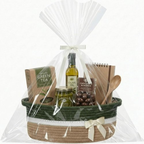Colingmill Woven Gift Basket - Decorative Storage Box with Ribbons & Handles | 14 x 10 x 5.5 Inch, Green Khaki