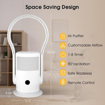 Bladeless Tower Fan with HEPA Filter - 80° Oscillation, Remote Control, 9 Speeds | Ideal for Home & Office