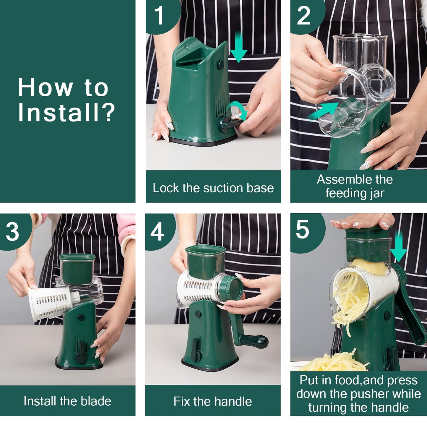 Rotary cheese grater - hand-cranked,5in1 washable & easy to clean - perfect for chefs, cuts cheese, veggies, fruits, nuts, crackers - upgraded model with strong suction-Hand Crank Cheese Grater