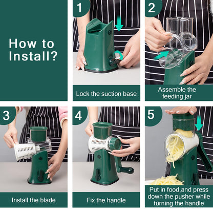 Rotary cheese grater - hand-cranked,5in1 washable & easy to clean - perfect for chefs, cuts cheese, veggies, fruits, nuts, crackers - upgraded model with strong suction-Hand Crank Cheese Grater