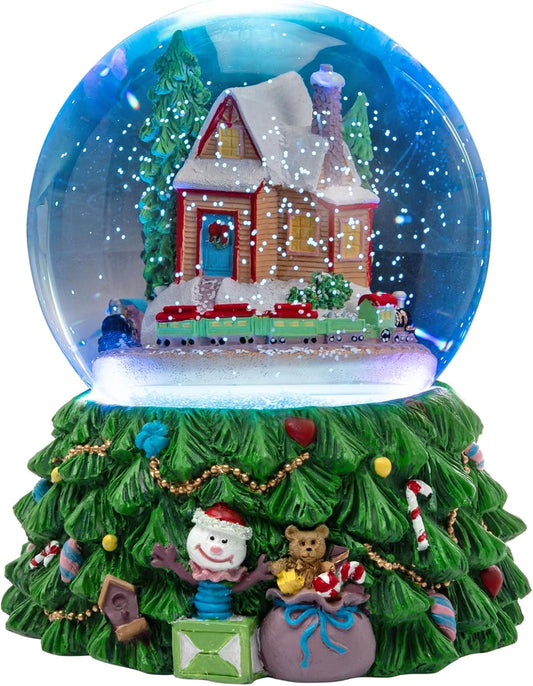 Revolving Christmas Train Snow Globe - Color-Changing LED Music Box with Hand-Painted Winter Scene