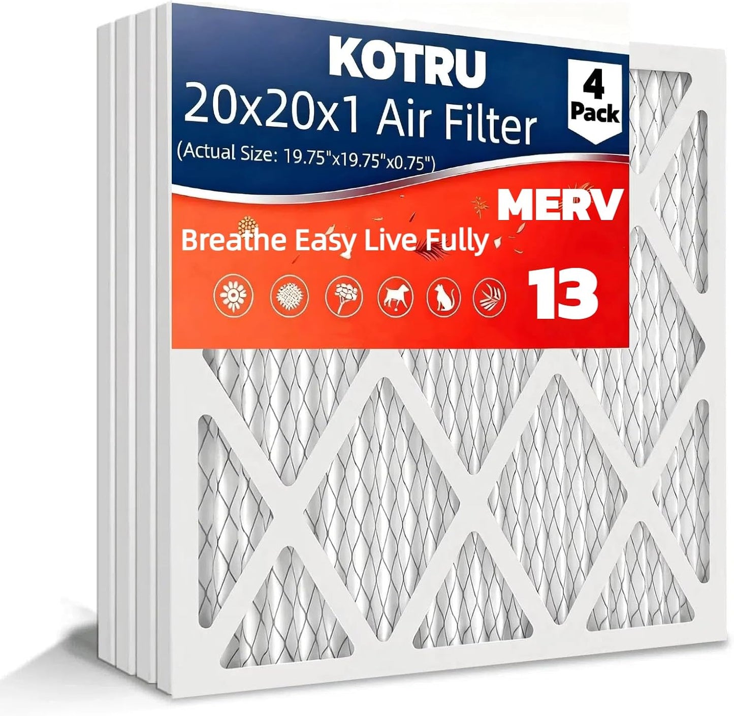 MERV 13 20x20x1 Air Filters by [Brand Name] - 4-Pack Electrostatic Pleated HVAC Filters | Captures Dust, Pollen & Pet Dander