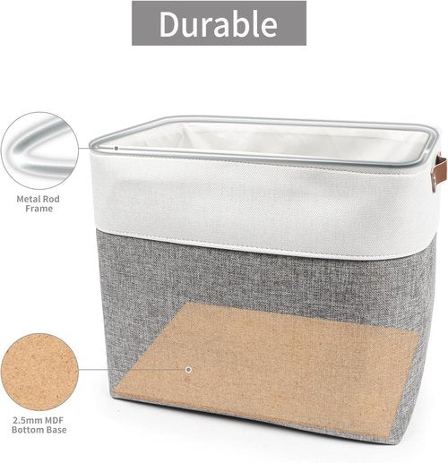 Bagnizer Large Fabric Storage Baskets - 50L Decorative Linen Bins with Handles for Home & Office | 17x12x15 Inches (Grey & White)