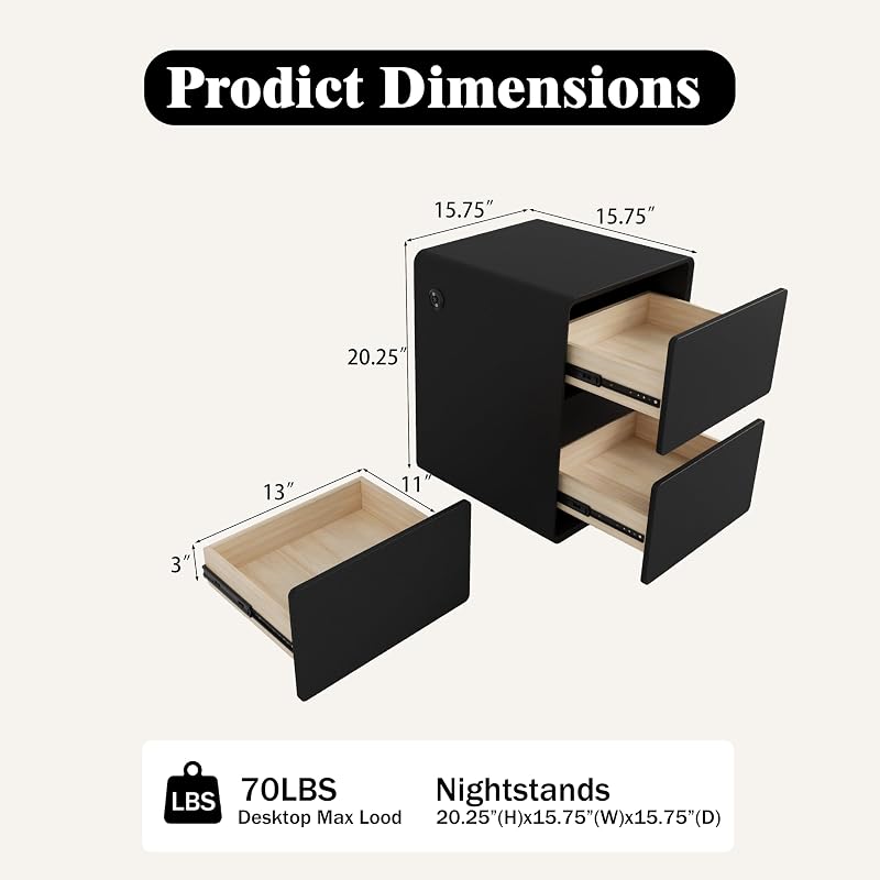 Modern Leather Nightstand with 2 Drawers, USB Charging & 16" Black