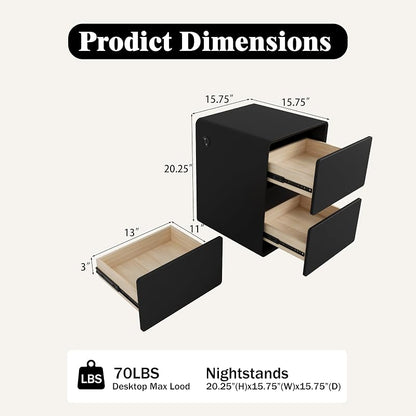 Modern Leather Nightstand with 2 Drawers, USB Charging & 16" Black