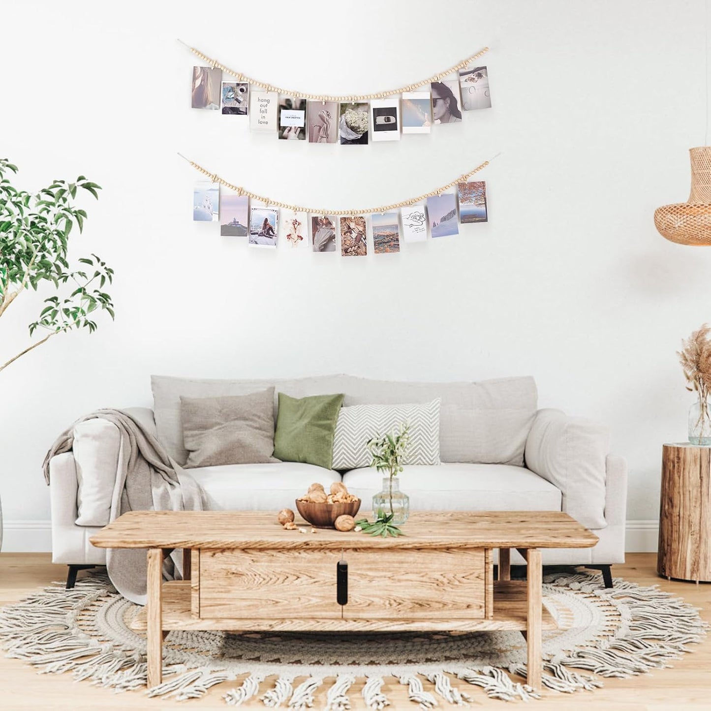 Mkono Hanging Photo Display - Boho Wooden Bead Garland with 10 Clips | Brown, 2 Pack - Perfect for Bedroom Decor