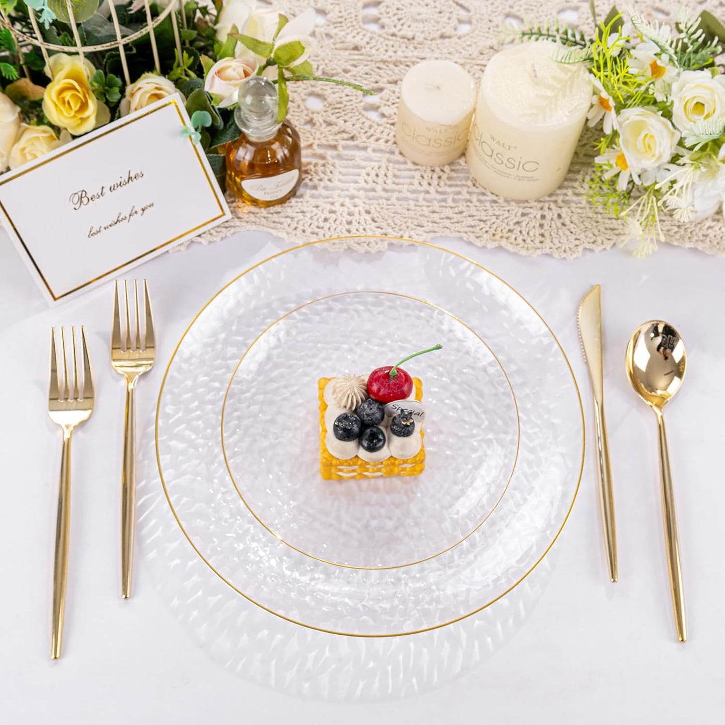Rubtlamp Clear Plastic Plates - 60 Pcs Heavy-Duty Disposable Plates with Gold Rim | Perfect for Weddings & Parties