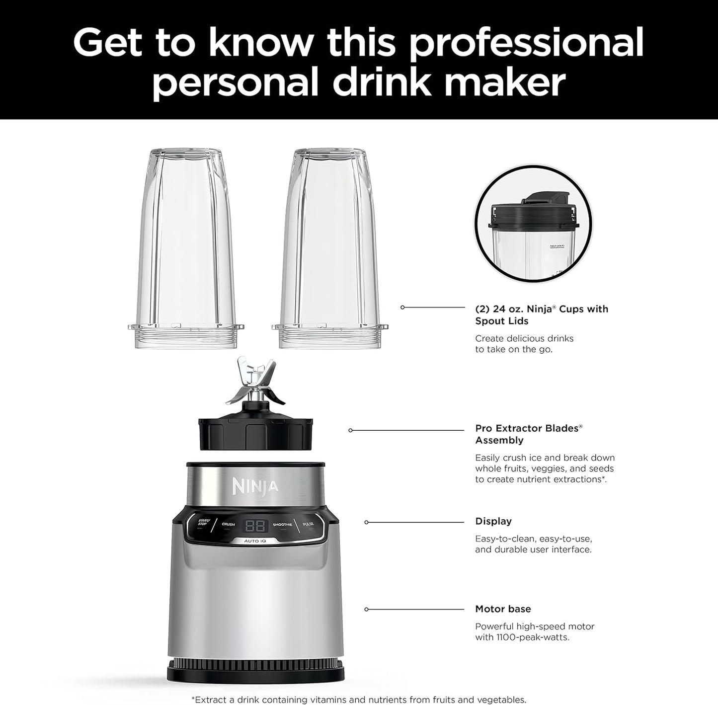 Ninja Nutri Pro Personal Blender - 1100 Peak Watt with Auto-iQ | Cloud Silver (Refurbished)