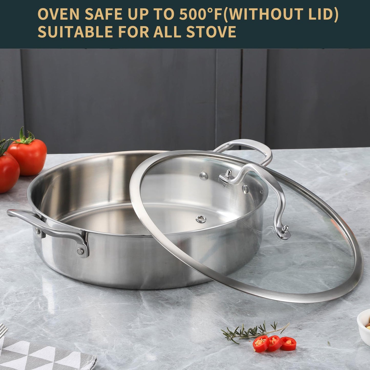 Yeksum 6QT Saute Pan with Lids, 3-Ply Stainless Steel Large Fry Pan, 12inch Induction Skillet with Lids, Healthy 18/10 inner Cooking Pan, Silver, Oven & Dishwasher Safe