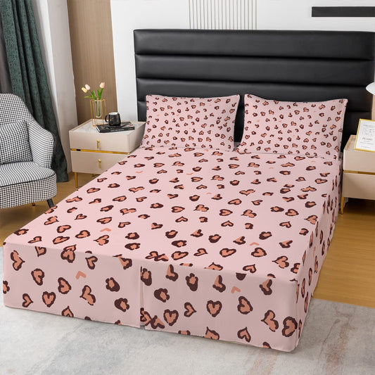 Pink Leopard Queen Size Bed Skirt, Heart Leopard Print Bed Skirts for Kids Boys Girls Women Room, Safari Cheetah Print Dust Ruffle Pleated Bedskirt Teens Africa Animal 15 Inch Drop Bedding Decor