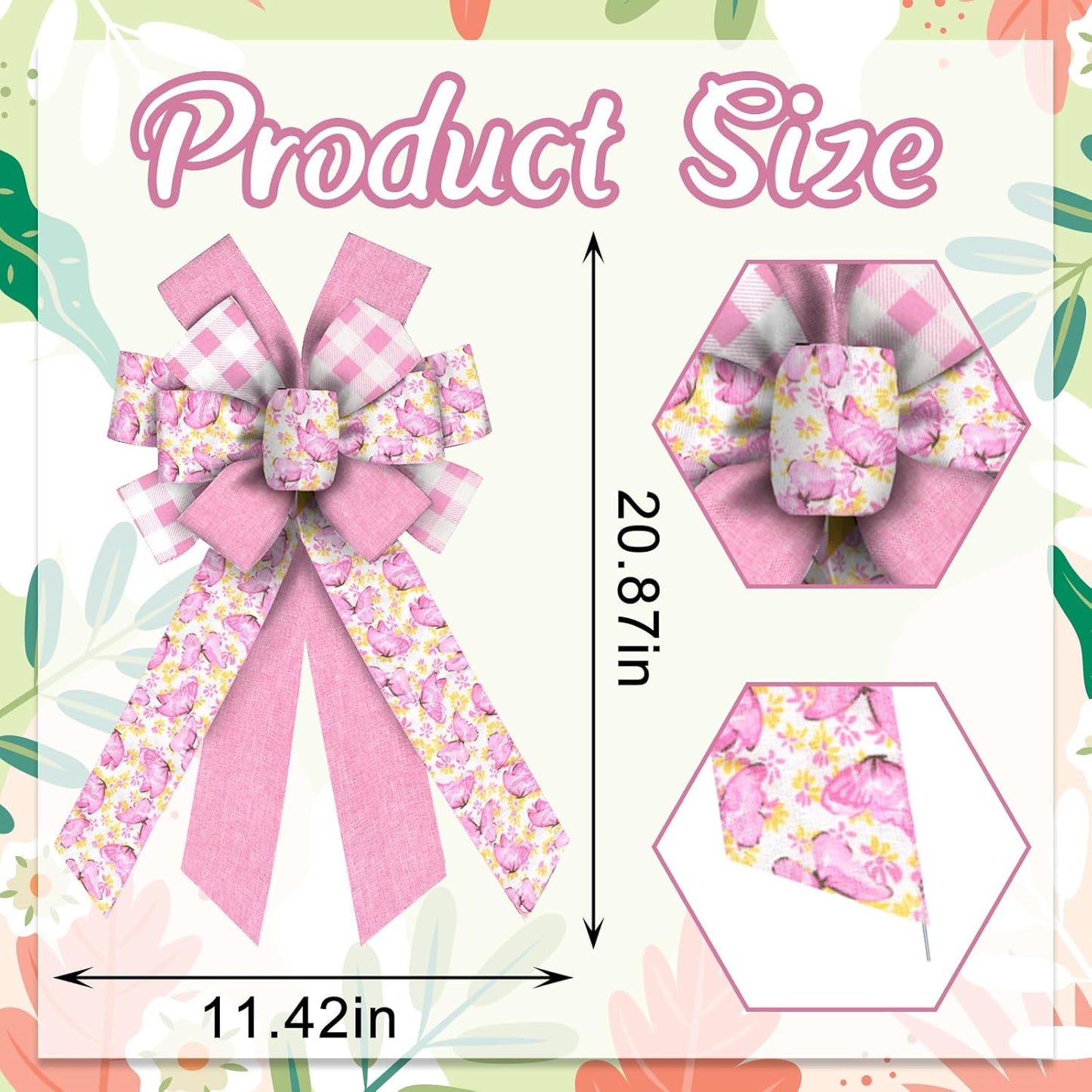 ABTOLS Large Spring Wreath Bows - Pink Butterfly & White Buffalo Plaid Decor for Indoor/Outdoor Use