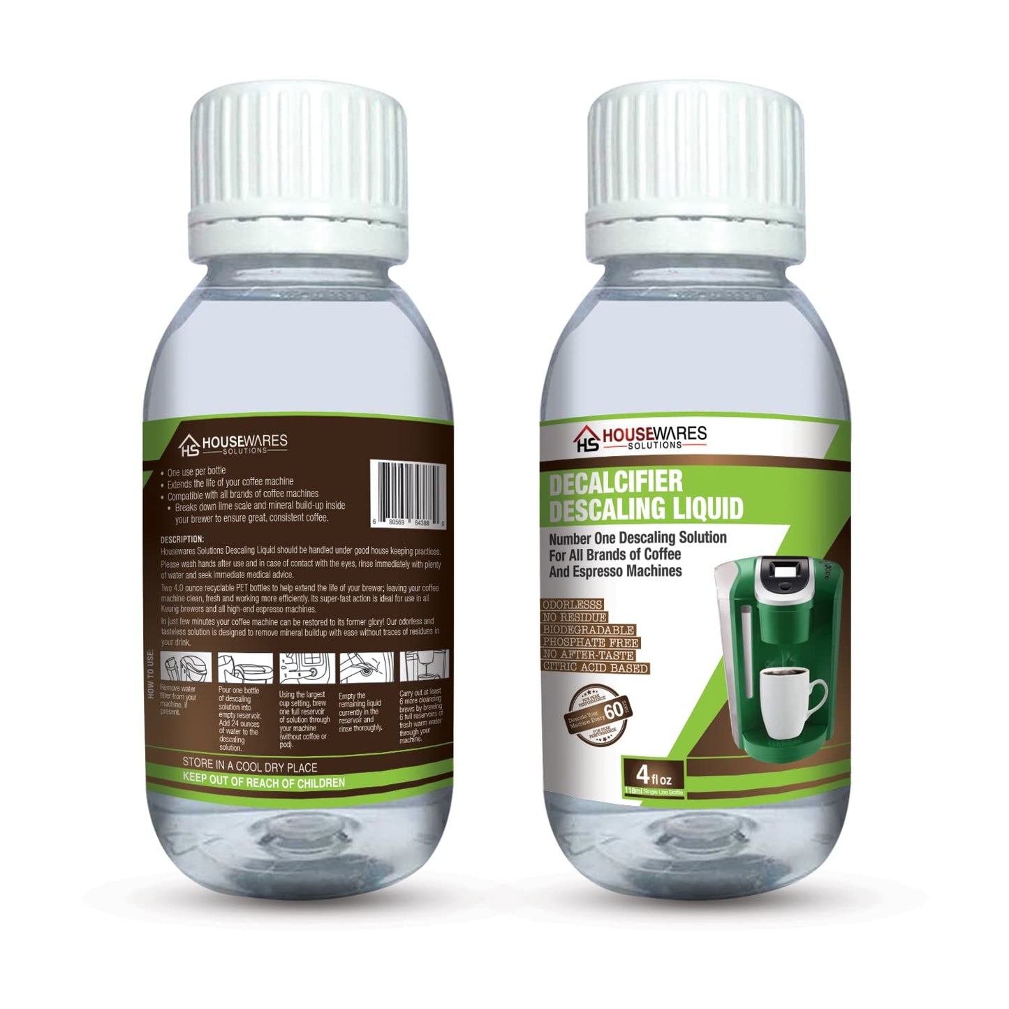 Descaling Solution for All Brands of Coffee and Espresso Machines By Housewares Solutions - 4 Fluid Ounce Bottle (2-Pack)