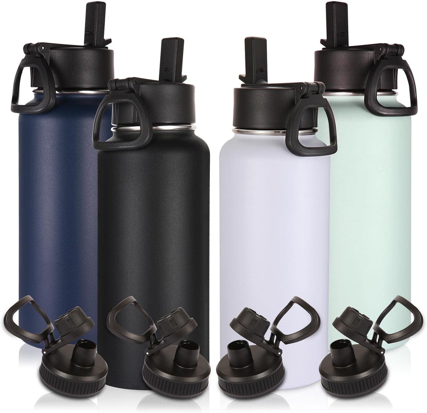 Volhoply 32 oz Insulated Water Bottles - 4 Pack with Straw & Spout Lids | Stainless Steel, Leakproof Design for Hiking & Camping
