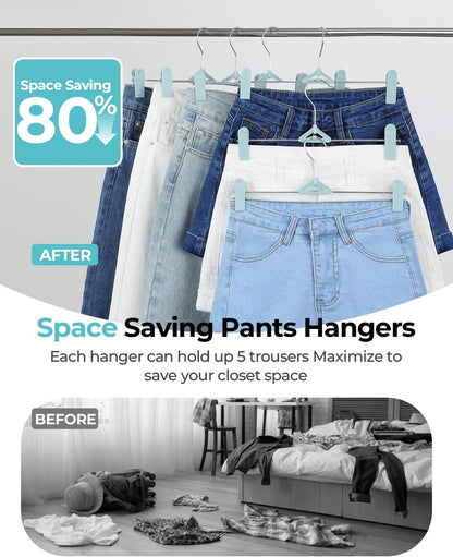 Skiennix Pants Hangers with Clips - 30 Pack Adjustable Non-Slip Skirt Hangers | Space-Saving Closet Organizer