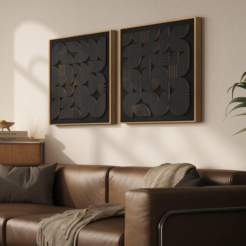 Framed 3D Black Abstract Wood Wall Art - Set of 2 Modern Geometric Paintings | Minimalist Decor for Living Room, Bedroom, Office - 24x24 Inch